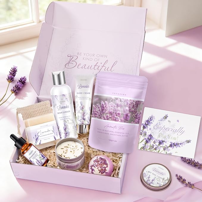 Gifts for Women, Lavender Bath and Body Gift Basket Relaxing Spa Self Care Gift, Mothers Day Gifts Happy Birthday Gift Baskets, Thank You for Mom Her Sister Wife Girlfriend Teacher Friends Friendship