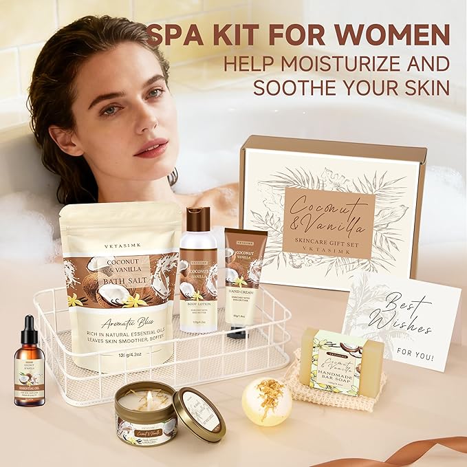 Gifts for Women Happy Birthday Gift Baskets, Bath and Body Gift Set Mothers Day Gifts, Vanilla Coconut Relaxing Home Spa Set Self Care Gift for Mom Sister Her Wife Grandma Girlfriend Friends