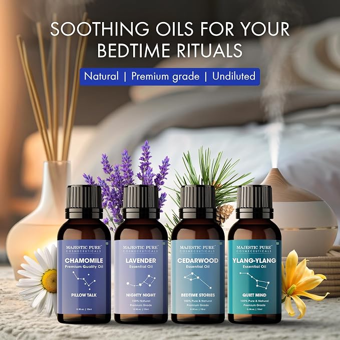 Majestic Pure, Restful Night Essential Oil Gift Set | 100% Pure & Natural Set for Soothing Nighttime and Self-Care Rituals | Lavender, Ylang Ylang, Cedarwood, Chamomile - Pack of 4