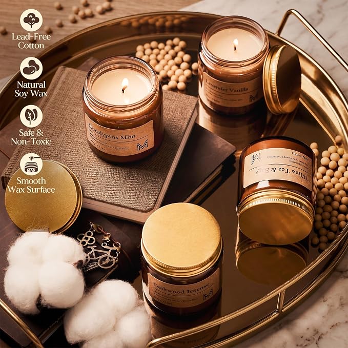M&SENSE 4 Pack Candle Gift Set, Aromatherapy Candle Gift for for Men and Women, Soy Wax Candles Home Scented, Long Lasting Amber Jar Candles for Birthday Housewarming