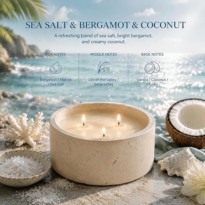 3-Wick Scented Candle-Sea Salt & Bergamot & Coconut,Soy Coconut Wax Blend Candle with Acacia Wood Lid,21oz Large Candle,45-Hour Long Burning,Aromatherapy Candle for Home Decor