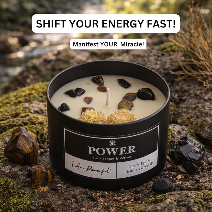 Power Crystal Candle for Meditation, 8oz Scented Candles with Tigers Eye and Obsidian Healing Crystals, Black Pepper Vetiver Aroma for Good Fortune, Spiritual Room Decor Great Gift for Women and Men