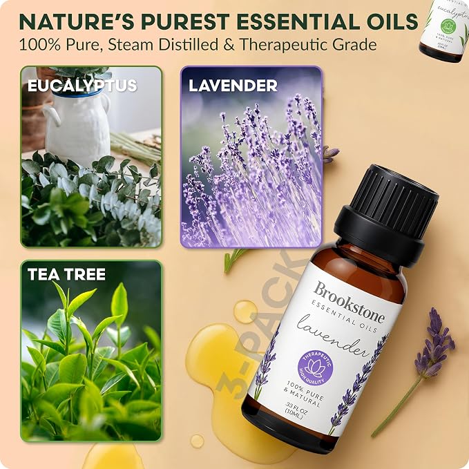 Brookstone Essential Oil Herbal Collection – 100% Pure Steam Distilled Therapeutic Grade Essential Oil Set for Aromatherapy Diffuser & Topical Use, Eucalyptus, Lavender, Tea Tree | 3-Pack 10ml Bottles