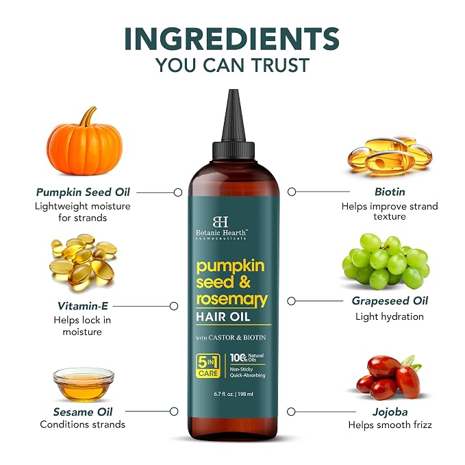 Botanic Hearth 100% Pure Pumpkin Rosemary Oil For Hair Growth & Hair Treatment Oils 6.7 Fl oz | Infused with coconut Oil | Hair Oil Repairs Dry Damaged Hair, Strengthening, Healthier | All Hair Types