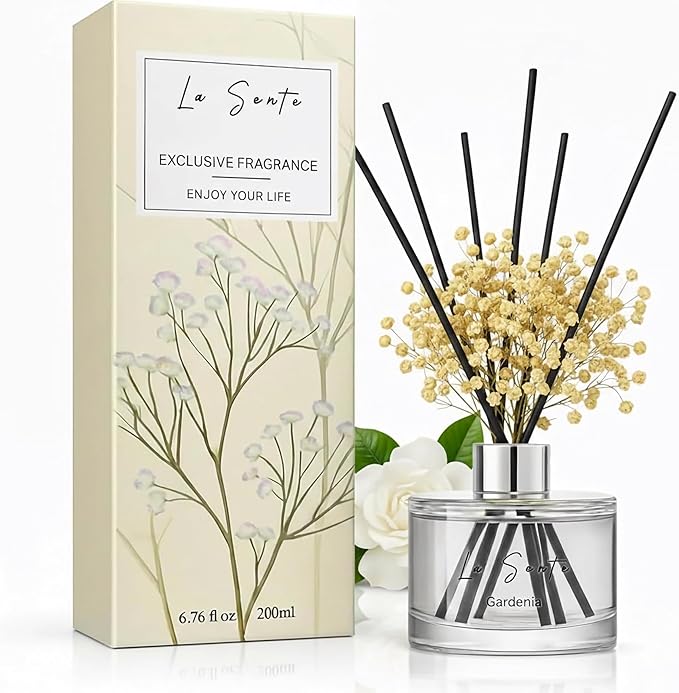 Reed Diffuser Set 6.7 fl oz (200ml) – Natural Gardenia Essential Oil Fragrance with Black Rattan Sticks & Preserved Flowers – Long Lasting Home & Office Decor Scent, Pet Safe