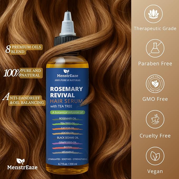 Rosemary, Tea Tree, & Castor Oil for Hair Growth & Dandruff Relief (6.7 fl oz), Infused with Biotin, Black Sesame, Grapeseed, Jojoba, & Vitamin E Oils for Dry, Itchy Scalp, Thickening & Hydration