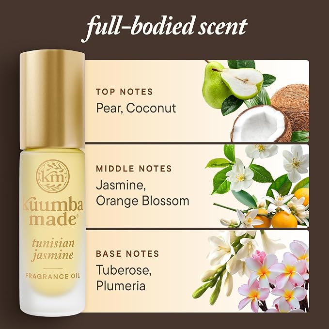 Kuumba Made Tunisian Jasmine Fragrance Oil, Long-Lasting Scented Oil Perfume Roller, Vegan, Alcohol-Free, 0.15 Fl Oz