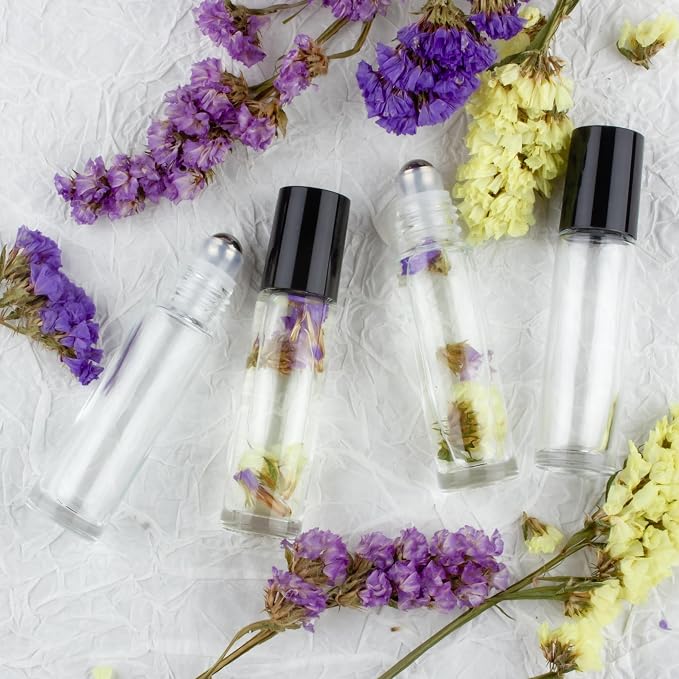 10ml roller bottles for essential oils, 24 Pack Clear Roll on Bottles, Thick Glass Roller Bottles for Oils, with Stainless Steel Roller Balls, 2 Droppers