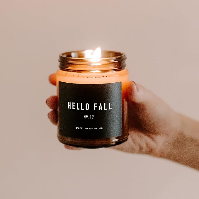 Sweet Water Decor Hello Fall Candle - Cinnamon Apples Cloves & Nutmeg Fall Scented Candle for Home Decor - 100% Cotton Wick Soy Wax Candles with 40 Hour Burn Time - Made in the USA - 9oz Amber Jar