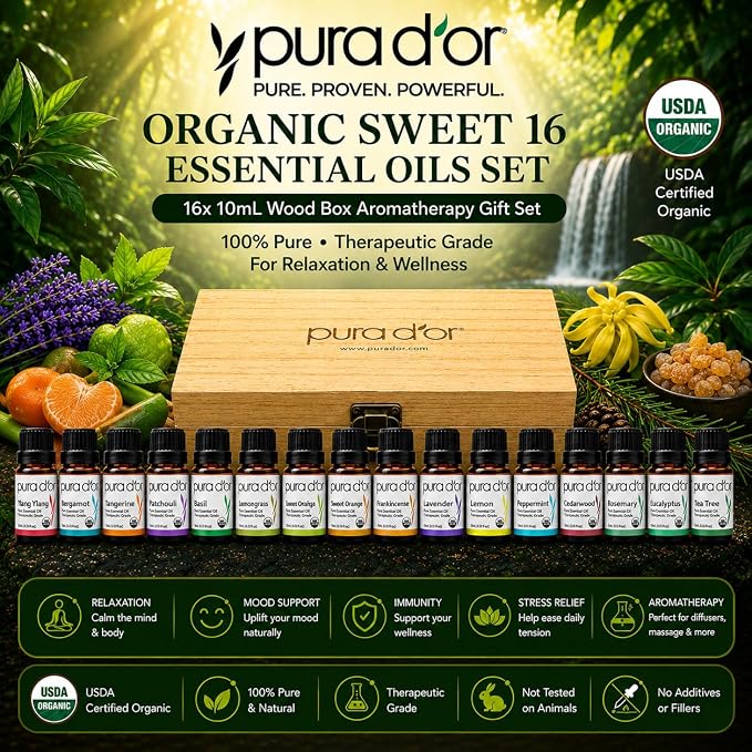PURA D'OR Organic Sweet16 Essential Oils Set - 16x 10mL Wood Box Aromatherapy Gift Set - 100% Pure Therapeutic Grade for Relaxation and Wellness (Lavender, Rosemary, Turmeric, Ylang Ylang & More)