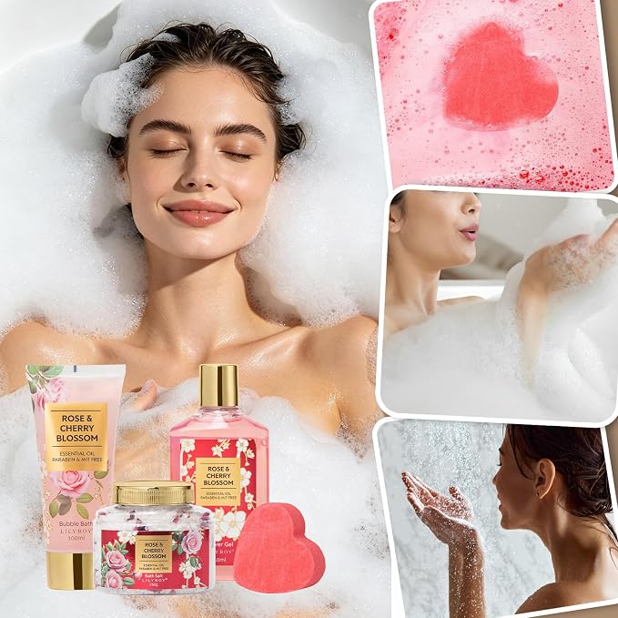 Gifts for Women, Birthday Gift Basket - 9 Pcs Rose Bath and Body Gift Basket Set, Spa Gift Set with Shower Gel | Pampering Spa Gift for Christmas, Valentines Day, Mothers Day Gift Sets for Mom