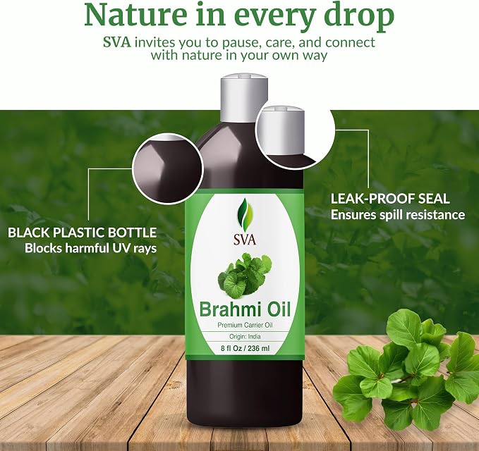 SVA Brahmi Oil - 8 Fl Oz – 100% Natural Cold Pressed Brahmi Oil - for Face, Skin Care, Hair Care, Scalp Massage & Body Massage – Carrier Oil with Pump