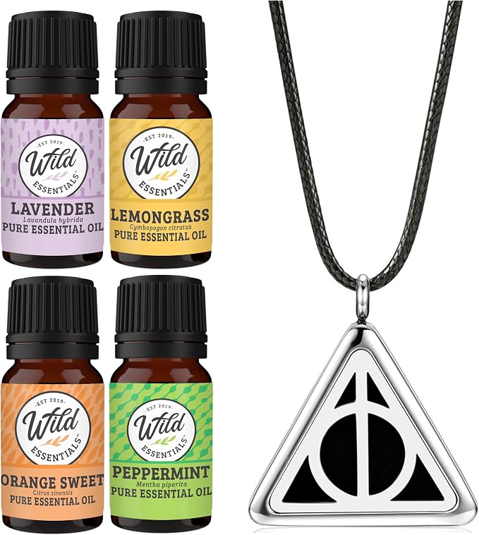 Wild Essentials Potter Hallows Aromatherapy Diffuser Necklace13-PieceGift Set –Includes 4 Pure Essential Oils, Black Rope Necklace, Steel Pendant, 8 Pads –Calming Aromatherapy Essential Oil Necklace