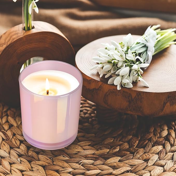 SHOWIN 10 OZ Thick Candle Jars for Making Candles 15 Pcs, Empty Jars with Wood Lids for Candle Making, Sample Container, Glitter Pink