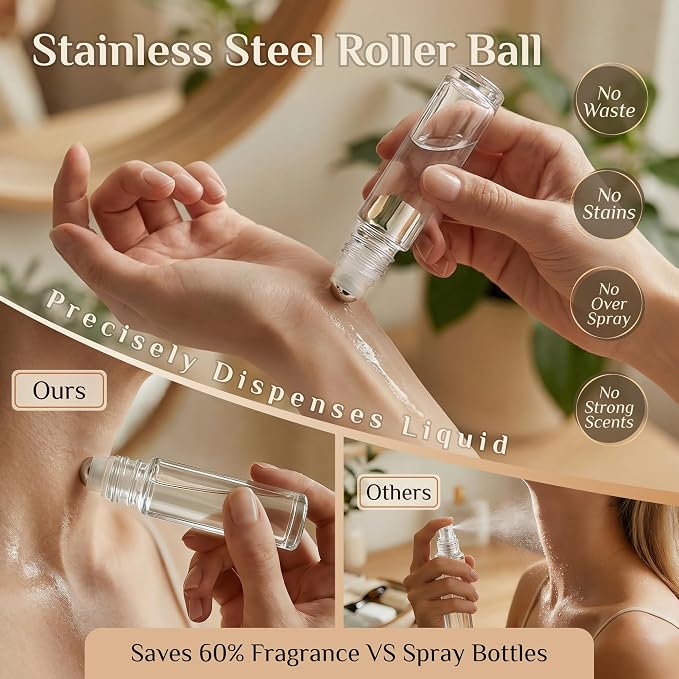PrettyCare 4 Pack, 10 ml Essential Oil Roller Bottles with Stainless Steel Roller Ball - Refillable Leak-proof Empty Thick Clear Glass Roll on Bottles with Black Caps for Travel, Perfume