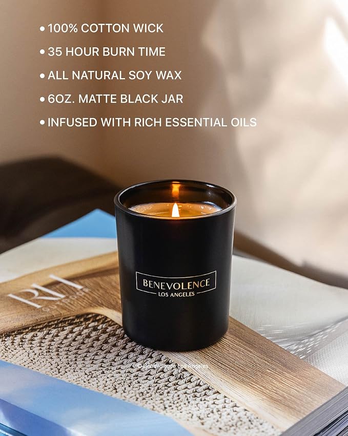 Benevolence LA Rose & Sandalwood Scented Candle – Long-Lasting, Clean-Burning – Luxury Natural Soy Candle for Home – Aromatherapy & Room Decor – 6oz