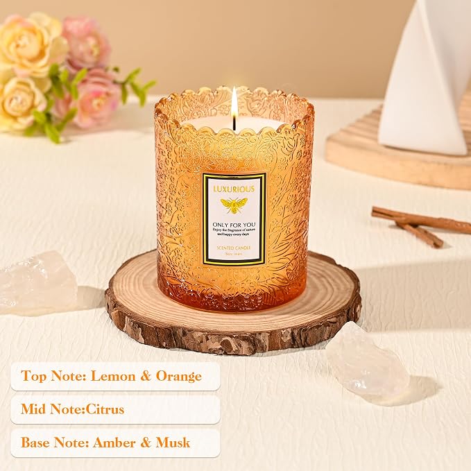 Amber Scented Candle, Candles for Home Scented, Candles Gifts for Women & Men, Luxury Glass Jar Candle, Natural Soy Candle, 40 Hours Long Burning, 7 oz