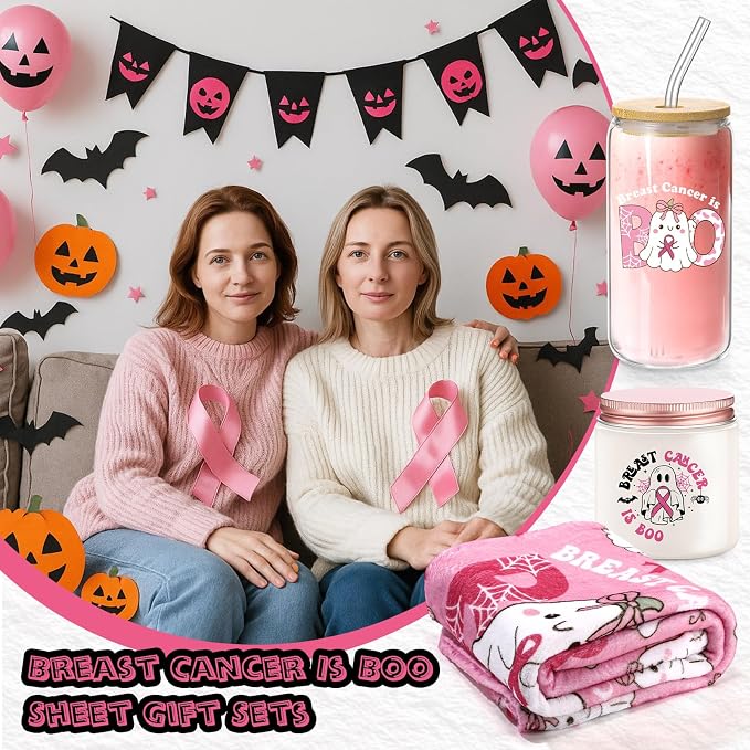 Roshtia 7 Pcs Breast Cancer Theme Jelly Basket for Women Throw Blanket Glass Mug Candle Jar Makeup Bag Plastic Handbag with Pen Card Gift for Breast Cancer Survivor