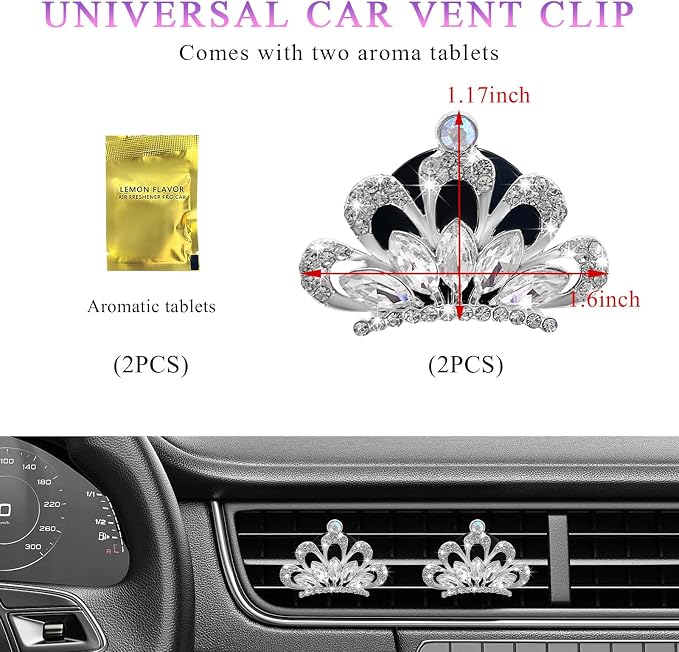 Yourkar 2 PCS Bling Car Air Vent Clips, Crystal Rhinestone Crown Vent Decorative Air Freshener Clips, Sparkly Diamond A/C Outlet Aroma Diffuser Clip for Vehicles, Car Accessories (White)