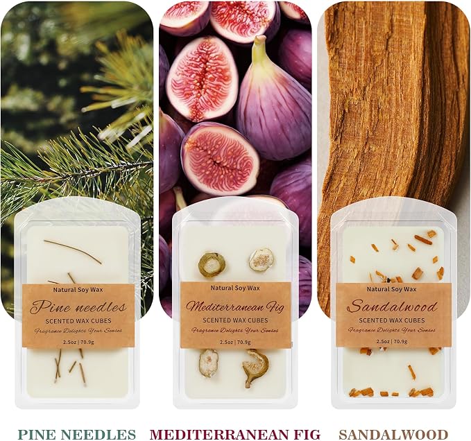SCENTORINI Wax Melts, Premium Wax with Essential Oil, Summer Scents, Scented Wax Cubes, Natural Dried Flower, Pine Needles, Sandalwood, Mediterranean Fig, 2.5 oz X 3 Pack