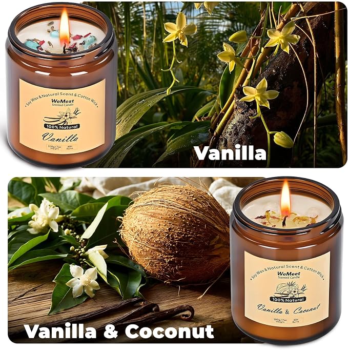 WEMEET Candles for Home Scented 2 Pack, Vanilla Scented Candle with Dried Flowers, Coconut Vanilla Soy Candles with Crystals, Candle Set for Creating a Relaxing Ambiance