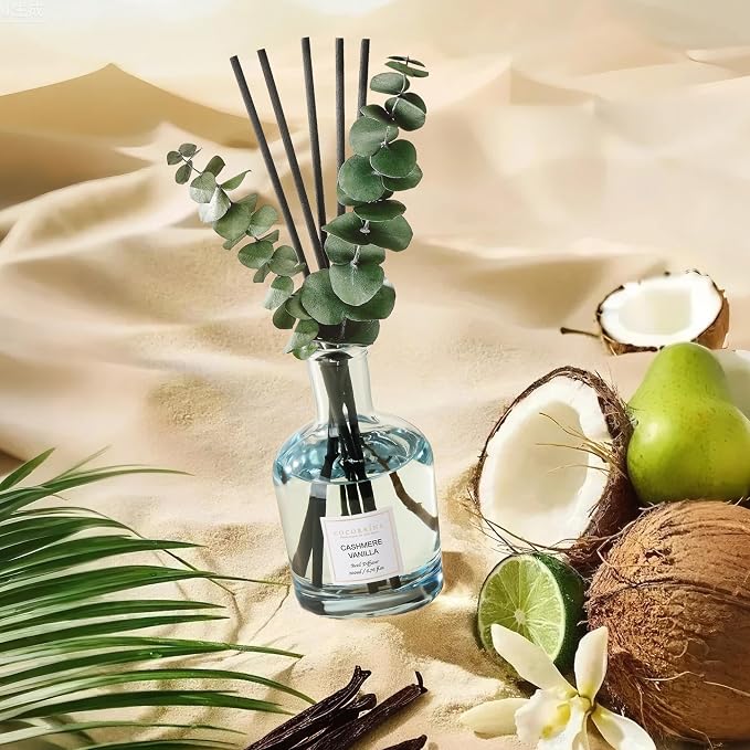 COCORRÍNA Cashmere Vanilla Reed Diffuser – 6.76 oz Essential Oil with 8 Reeds & Real Eucalyptus Sticks, Home Fragrance for Bedroom or Bathroom Décor