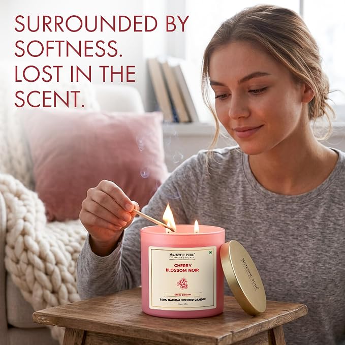 Majestic Pure Candle Cherry Blossom, Natural Scented, 10oz | Large Jar, 45+ Hours Burn Time, Giftable