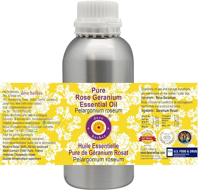 Deve Herbes Pure Rose Geranium Essential Oil (Pelargonium roseum) Steam Distilled 300ml (10 oz)