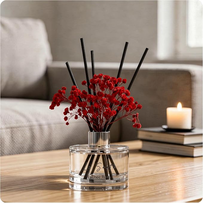Reed Diffuser Set (6.7fl oz), Natural Lychee Rose Essential Oil Fragrance with Glass Bottle, Black Rattan Sticks & Preserved Flowers, Up to 120 Days Lasting Fragrance for Home & Office