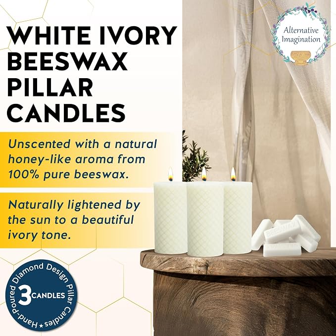 Alternative Imagination Beeswax Diamond Pillar Candles – 3 Pack of 2x4 Inch Unscented Candles - Hand-Poured - Ivory White 100% Pure Beeswax - Natural Honey Aroma - Dripless Long-Burn