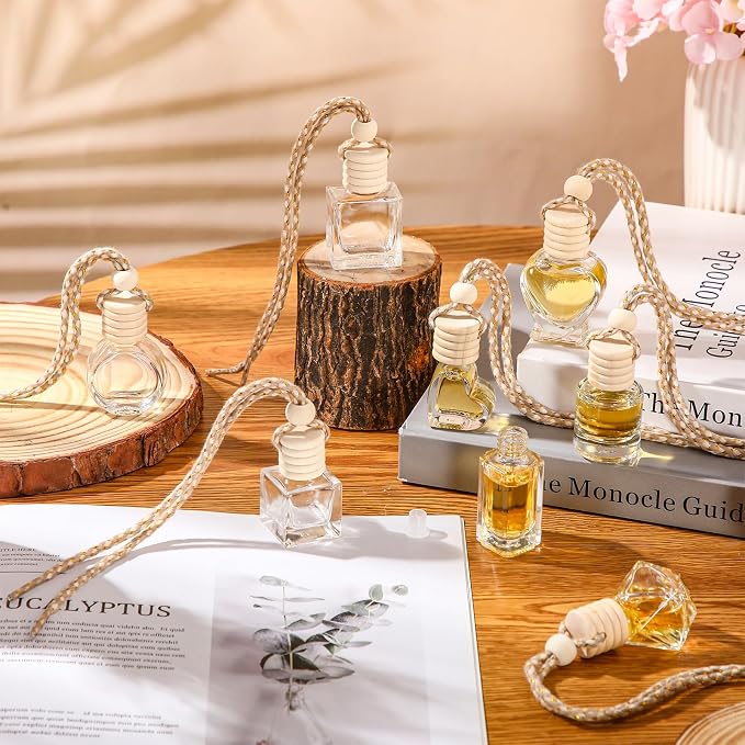 BBTO 120 Pcs Hanging Car Diffuser Bottles Empty Bulk, 8 Styles Empty Glass Air Freshener Bottles with Wooden Cap for Perfume Essential Oils Fragrance Aromatherapy Ornament