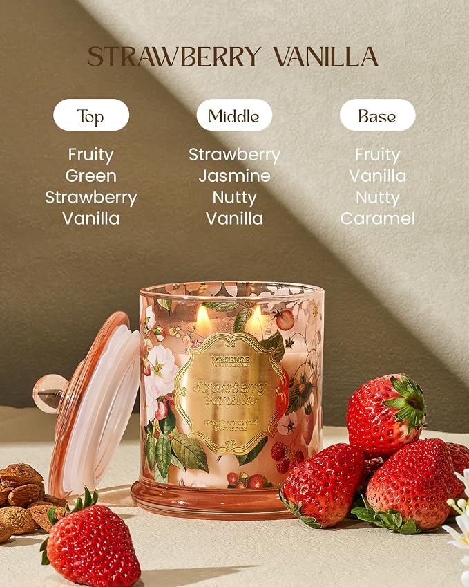 M&SENSE Strawberry Vanilla Candle 12.7oz Romantic Summer 2 Wick | Organic Soy, Non-Toxic, Sweet Cozy Summer Scent, Ideal Gifts for Women, 75 Hours Burning