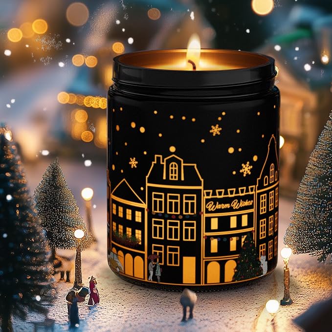 Merry Christmas Candles with Warmer LED, Christmas Decor Gifts Winter Candle with Apple Spice Scent, Apple Candles Over 40 Hours Burn Time, Home Decorations Indoor, 100% Soy Wax,Black