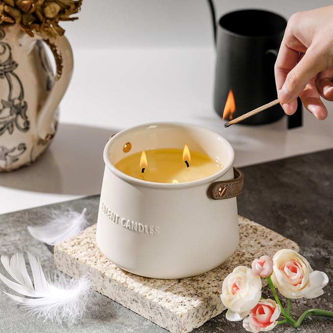 Candles for Home Scented - Scandinavian Style 3 Wick Candle - Long-Lasting Ceramic Candle Jar - Soy Candles Non Toxic with Minimalist Design - Teak Mahogany