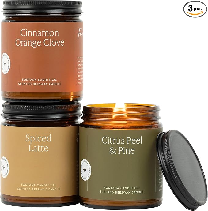 Fontana Candle Co Wood Wick Beeswax Jar Candle, Fall Candle Bundle – Made Safe with Coconut Oil & Pure Essential Oils – 35+ Hrs Clean Burn, Long Lasting and Non-Toxic Candles for Home & Room Decor