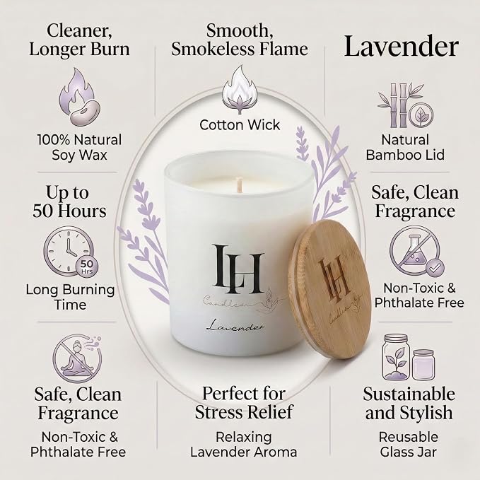 LH Lavender Candles for Home Scented - 10.6oz Aromatherapy Candles for Sleep and Stress Relief - Natural Soy Wax Non-Toxic Organic Candle - Lavender Vanilla Highly Scented Spa Candles Gift for Women