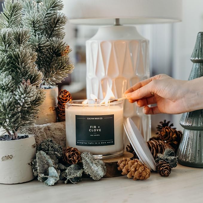 Calyan Wax Co. Fir & Clove 3 Wick Scented Candle - 43 Hour Burn - Luxury 3 Wick Soy Candles - Clean Soy Wax Candles - Long Lasting Large Glass Jar Candle for Home - 14.9oz