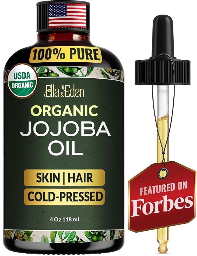 Ella & Eden Organic Jojoba Oil – USDA Certified, Cold-Pressed, 100% Pure & Unrefined, Hexane-Free Oil for Face, Skin, Hair & Nails – 4 Fl Oz Glass Bottle