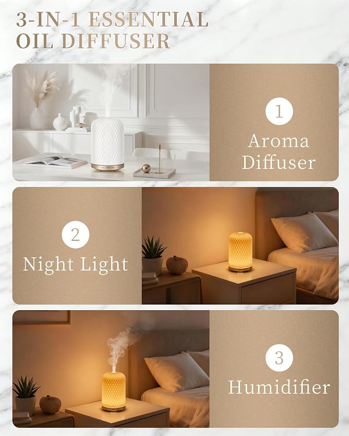 Essential Oil Diffuser - 2.4MHz Ultrasonic Ceramic Diffuser with Pulse/Continuous Mist & Night Light, Waterless Auto-Off, Silent Aromatherapy Diffuser for Home, Office, Yoga, Spa, Gifts & Home Decor.