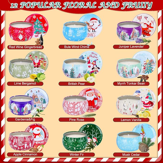 12PCS Christmas Scented Candles Gift for Women - Aromatherapy Candle for Home - 3.4oz Soy Wax Birthday Gifts for Mother, Friend, Wife, Sister, Xmas Decorations