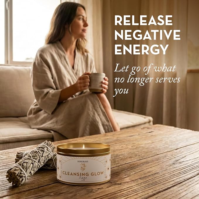 Sage Smudge Candle for Cleansing — 6oz Gold Tin Soy Candle, White Sage Scented, Smokeless Smudge Alternative for Manifestation, Protection, Meditation, Positive Energy & Spiritual Gifts