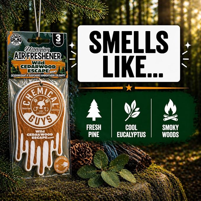 Chemical Guys Hanging Car Air Freshener 12-Pack, Wild Cedarwood Escape Warm, Woody & Earthy Cedarwood Fragrance, Rearview Mirror Paper Fresheners for Cars, Trucks, SUVs & Boats