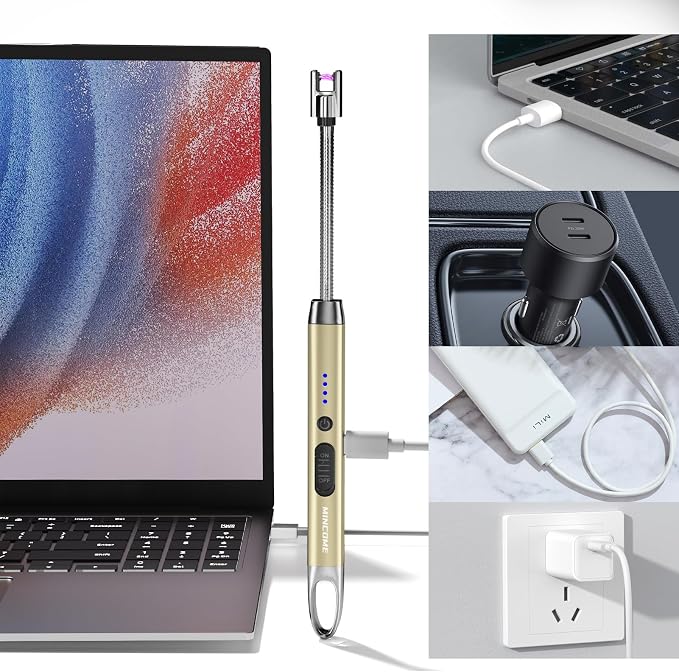 Candle Lighter, Windproof Flameless Electric lighters, Long Lighter with 360° Neck & Safety Switch, USB-C Rechageable LED Power Display Arc Lighters for BBQ Candle Birthday