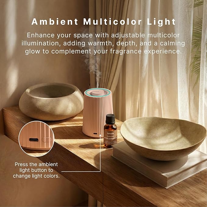 Homedics Waterless Essential Oil Diffuser with 15ml Vanilla Cedarwood Fragrance Oil. SereneScent Cordless Cold Air Scent Diffuser Starter Kit with Ambient Light, Studio 671 (Terracotta)
