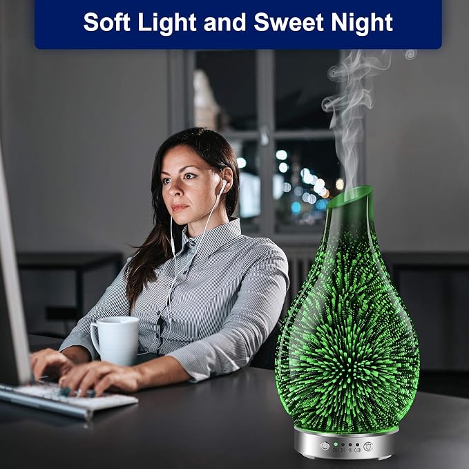 MAXWINER Essential Oil Diffusers Ultrasonic 3D Glass Aromatherapy Diffuser, Auto Shut-Off, Timer Setting, 7 Colors LED Lights Changing for Home, Office, Spa 120ml
