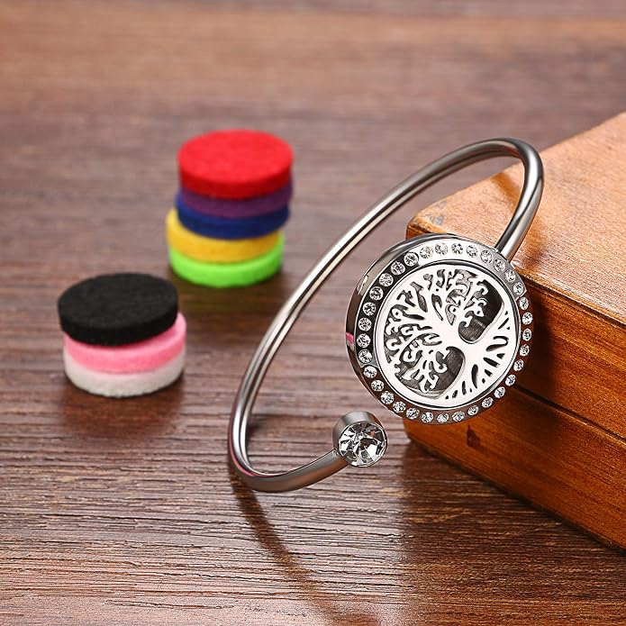 Cupimatch Adjustable Tree of Life Essential Oil Diffuser Bracelet, Stainless Steel CZ Aromatherapy Locket Bangle 8 Color Pads Jewelry Set for Women for Mother's Day