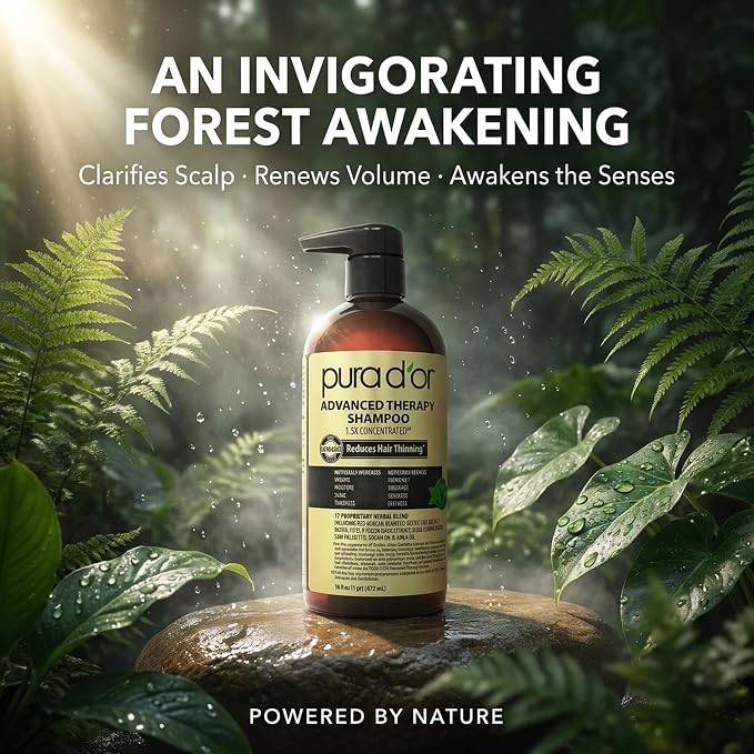 PURA D'OR Advanced Therapy Shampoo Reduces Hair Thinning & Increases Volume, No SLS, Biotin Shampoo Infused w/Argan Oil, Aloe Vera for All Hair Types, Men & Women, Invigorating Forest Scent 16 Fl Oz