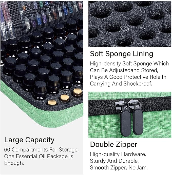 Essential Oils Carrying Case Holds 60 Bottles with Detachable Pad, Green