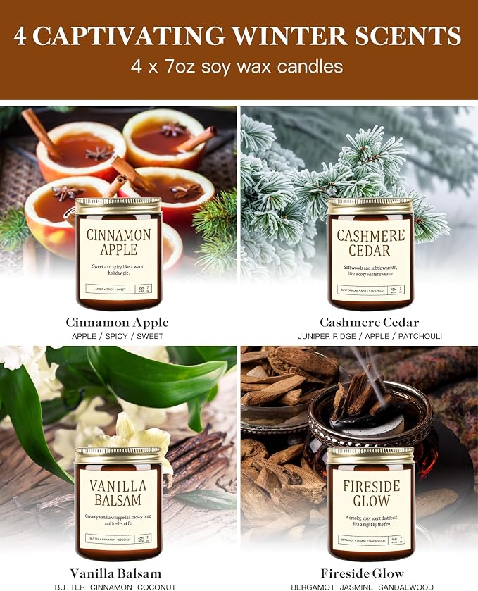 Scented Candles Gift Set for Women - 4 Pack Soy Candles for Home Scented, Long Lasting Winter Candle Set with Cashmere Cedar/Fireside Glow/Cinnamon Apple/Vanilla Balsam, Birthday Valentine's Day Gifts