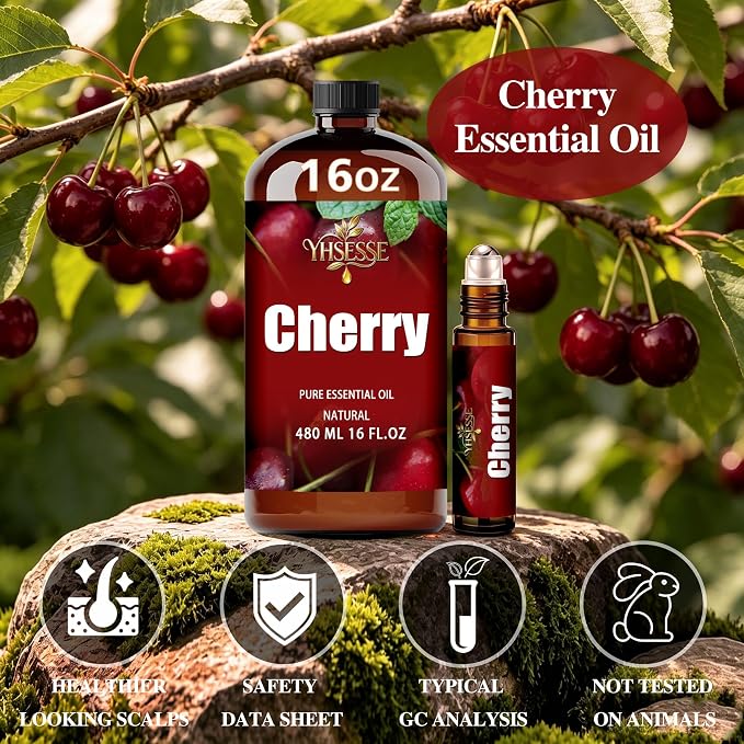 Cherry Essential Oil, Cherry Oil 16 Fl Oz 480ml for Diffuser Yoga Soap & Candle Making – with 0.33 Oz Roller Ball & Funnel YHSESSE Essential Oils